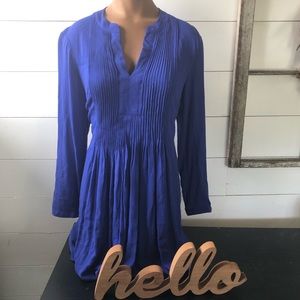 Blue pleated detail mini dress with long sleeves